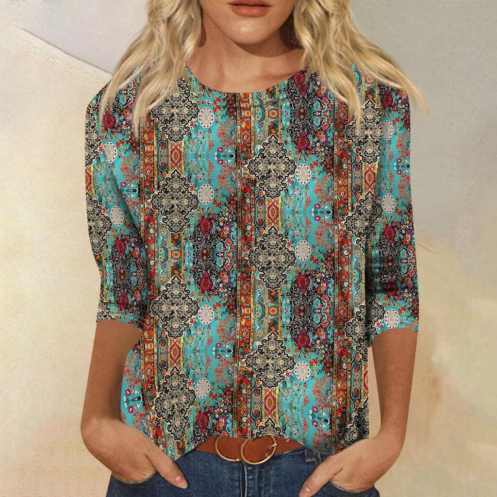 Women Casual Floral Print Three Quarter Sleeve Round Neck Top Lightweight Soft Fabric Relaxed Fit Blouse for Everyday Wear