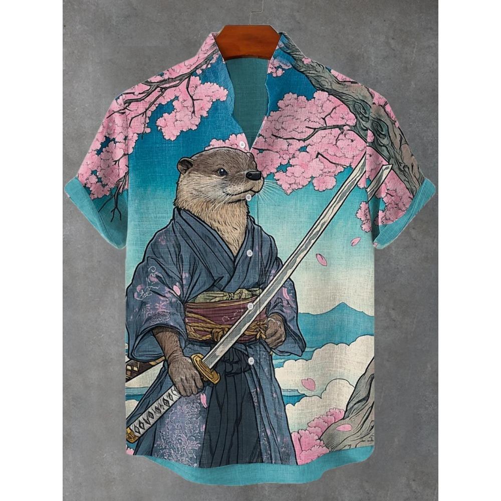Men's Japanese Style Kimono Cat Printed Linen Shirt Summer Fashionable Stand Up Collar Short Sleeve