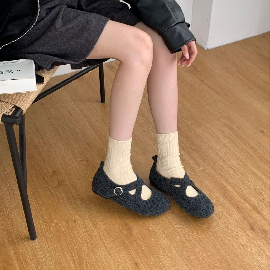 2025 Autumn and Winter New Round Head Lace-up Thick Sole Strap Ballet Woolen Fabric Doudou Non-slip Women's Single Shoes