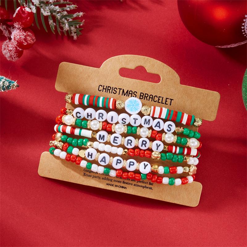 

Merry Christmas Cartoon Santa Star Polymer Clay Bracelet Dainty Snowflake Hat Cane Imitation Pearl Chain Festival Party Jewelry