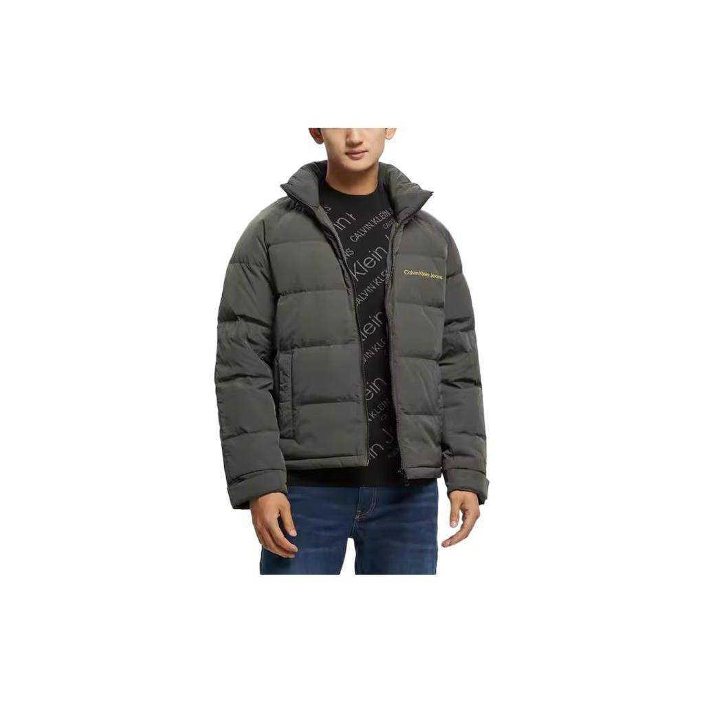 Calvin Klein Color Block Letter Print Zip Stand Collar Quilted Down Jacket Men Outerwear Dark-Green J322258-LDD