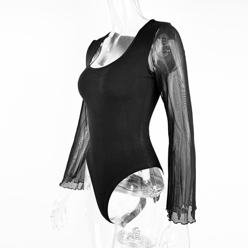 Sexy Spring Bodysuit With Mesh Sleeves And U Neck For Night Out Fashion