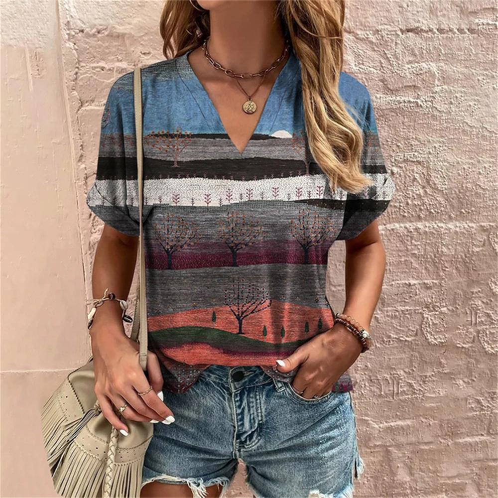 Retro Summer 3d TShirt Harajuku Casual Short Sleeve Women's T-Shirts Fashion Characters Top Tee V-Neck Oversized Female Clothing