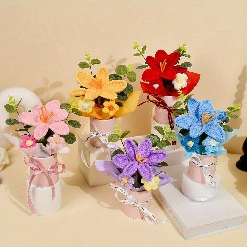 Valentine'S Day Mini Bouquet Artificial Rose Flowers Handmade Crochet Flower Bouquet Christmas Wedding Party Gifts Home Decor