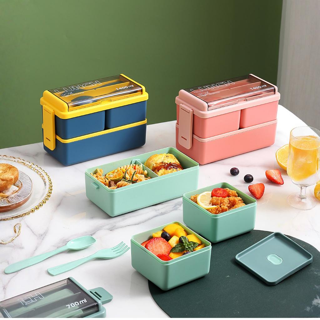 Double Layer Plastic Bento Lunch Box with Utensils Microwave Safe Leakproof Food Storage Container for Office School Meal Prep 1400ml