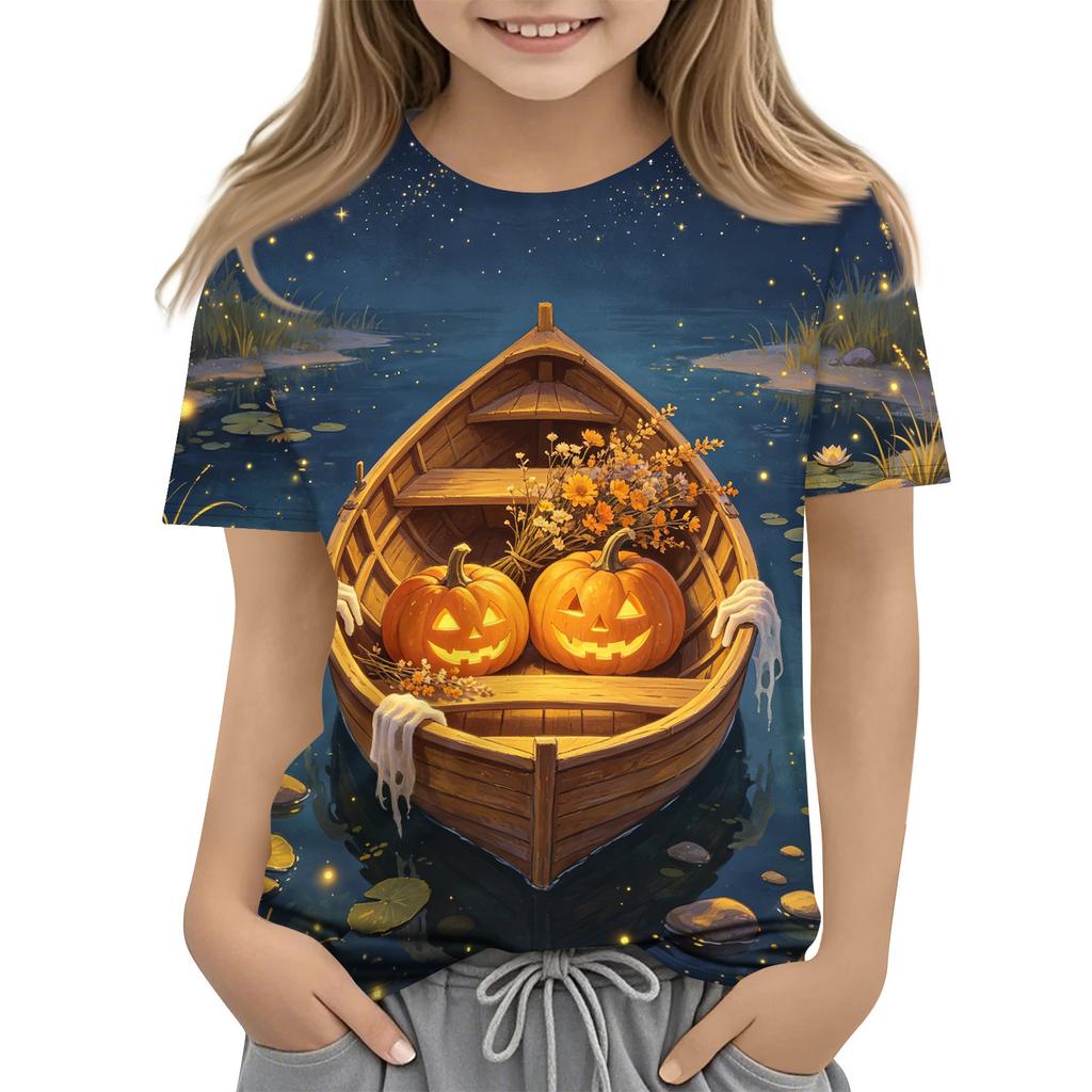 Kids Halloween Graphic T Shirt Short Sleeve Crew Neck Casual Tee Top with Pumpkin and Boat Print for Boys and Girls