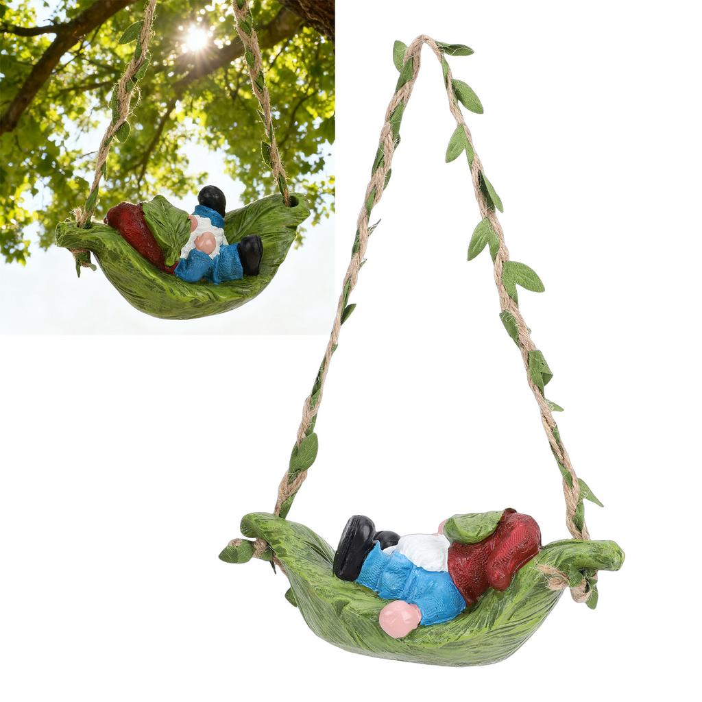 Garden Gnome On Leaf Hammock Statue Cute Resin Swinging Outdoor Yard Decor Fairy Garden Ornament