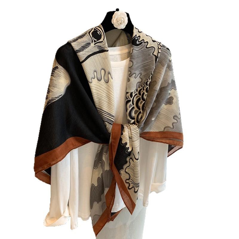 130 Square Scarves European Summer Silk Scarves Oil Painting Flower Printing Cotton Silk Scarves Women'S Spring Summer Decorative Scarves