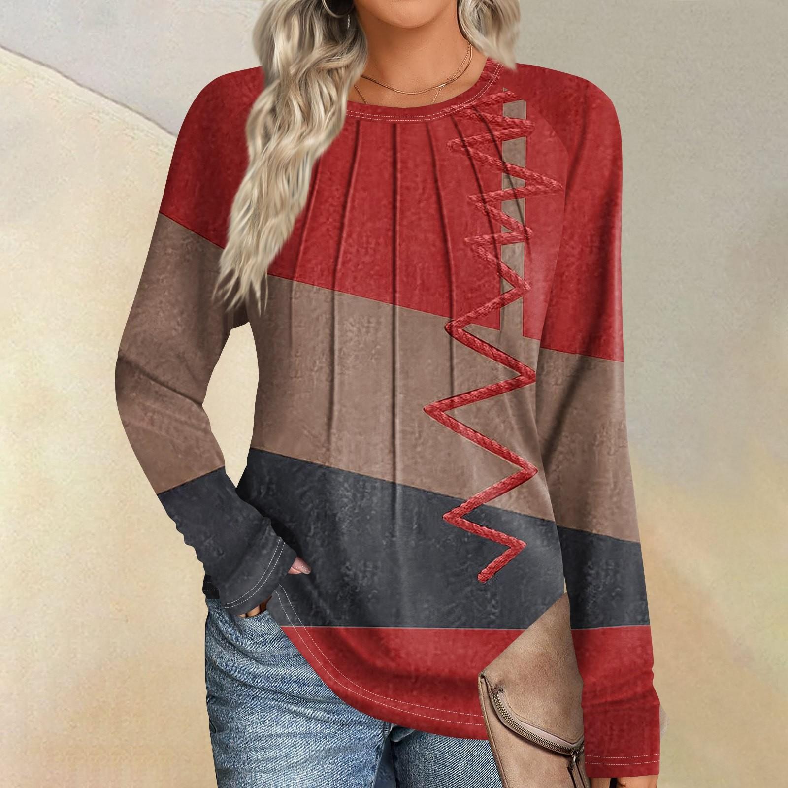 Женская мода повседневная полосатая, цветная пэчворк с длинным рукавом и круглым вырезом XXXL красный
