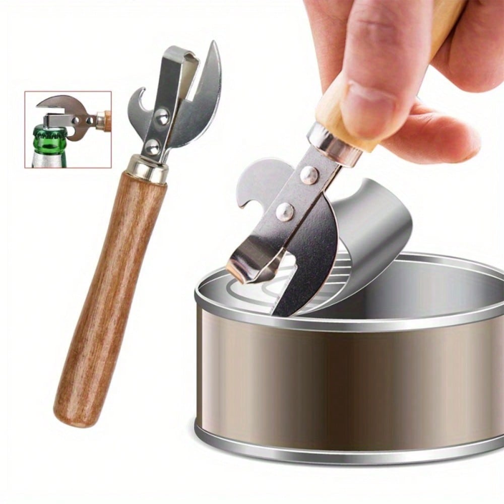 Premium Can Opener With Wooden Handle - Easy Grip, Manual Jar & Bottle Opener For Kitchen, Restaurants, And Bars