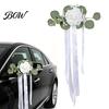 Weather Resistant Car Decor Wedding Door Handle Flower with Ribbon Tie And Green Leaves, White Artificial Realistic Petal Rose Rearview Mirror Bouquet
