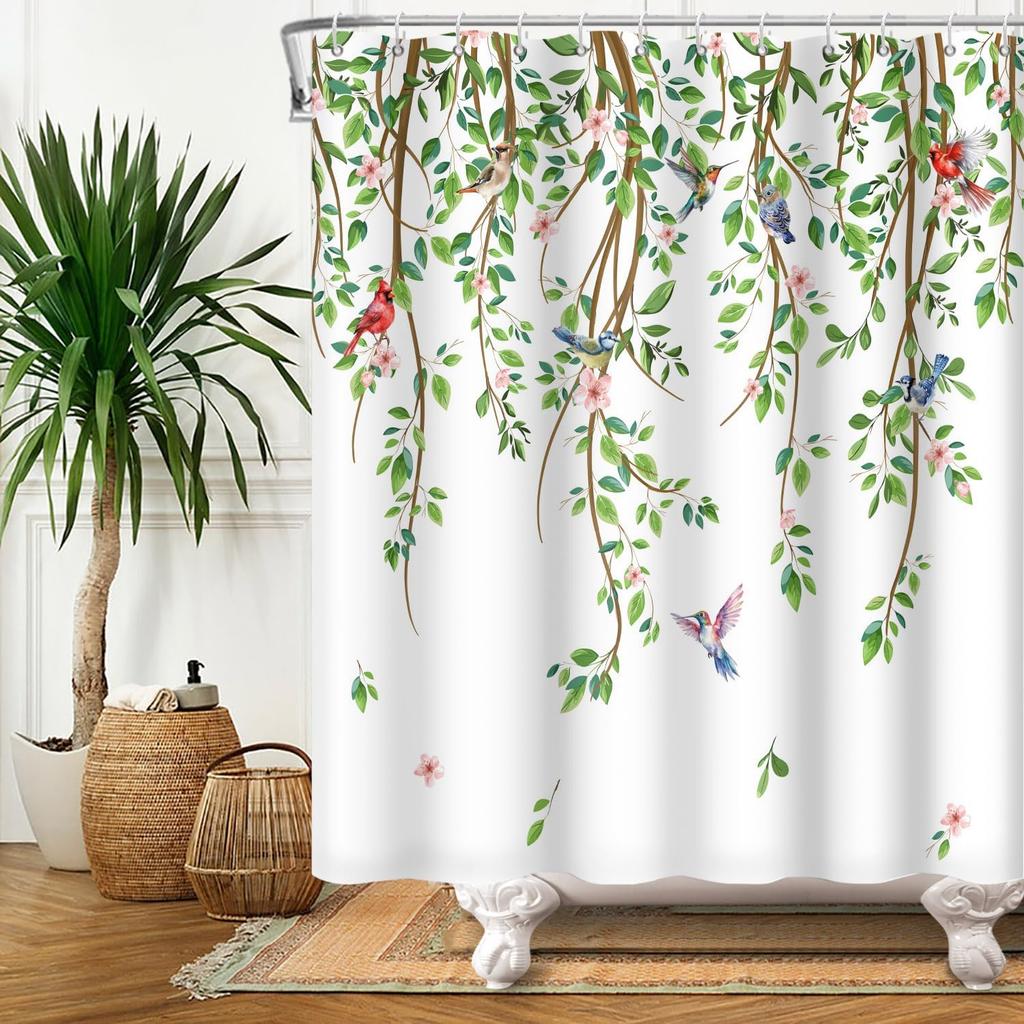 Spring Shower Curtain Green Leaves Birds Shower Curtains Vine Branch Hummingbird Cardinal Shower Curtain Sets For Bathroom