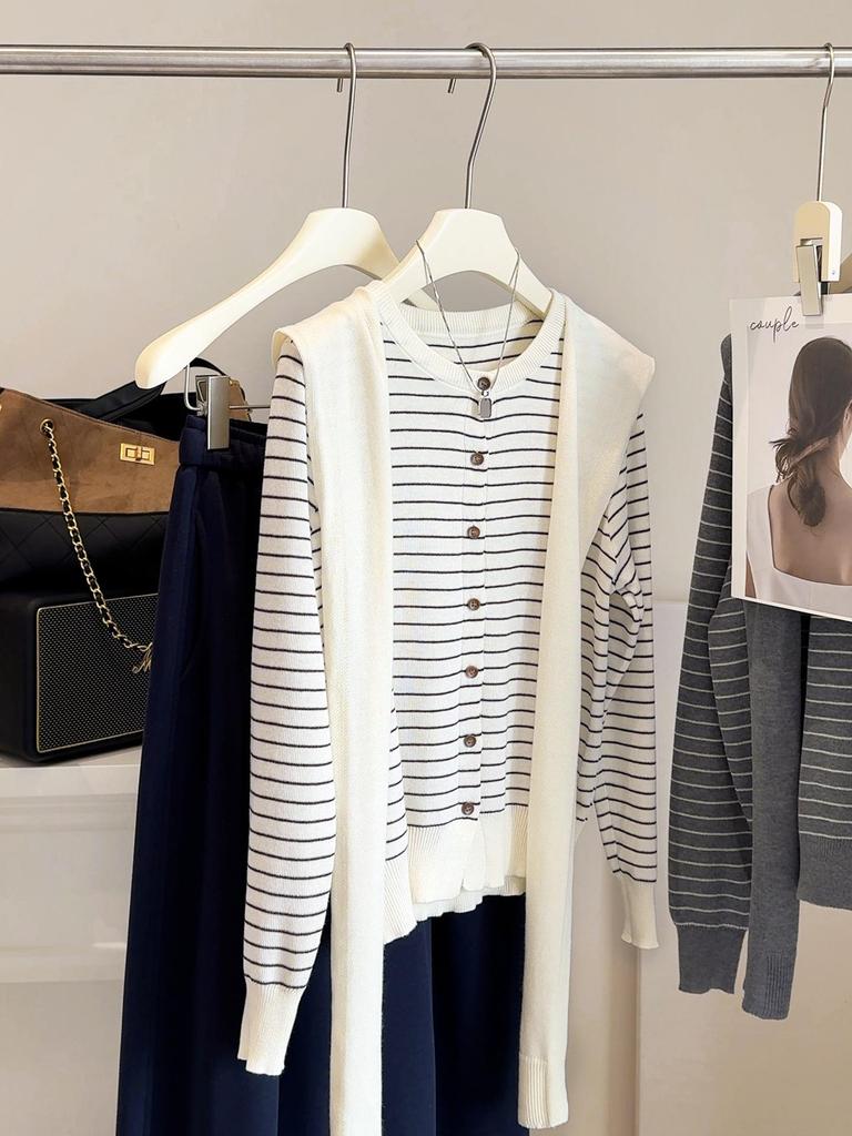 Women's 2025 Spring/Autumn Striped Knitwear Set: Round Neck, Short, Loose-Fit Sweater & Base Shirt.
