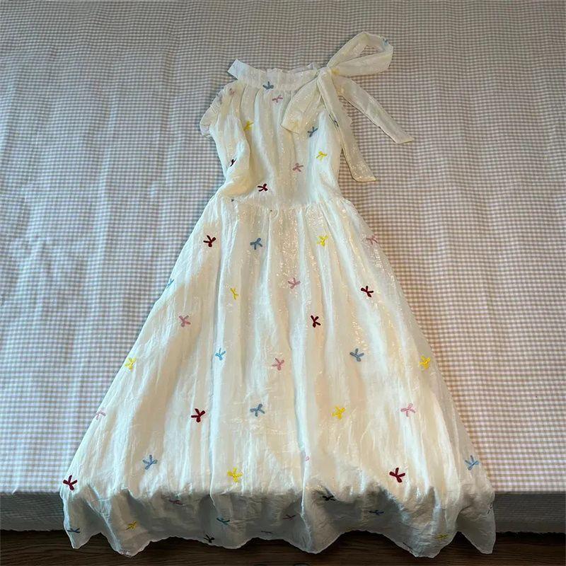 French gentle small fresh floral bow long dress niche foreign sexy sweet design neck dress