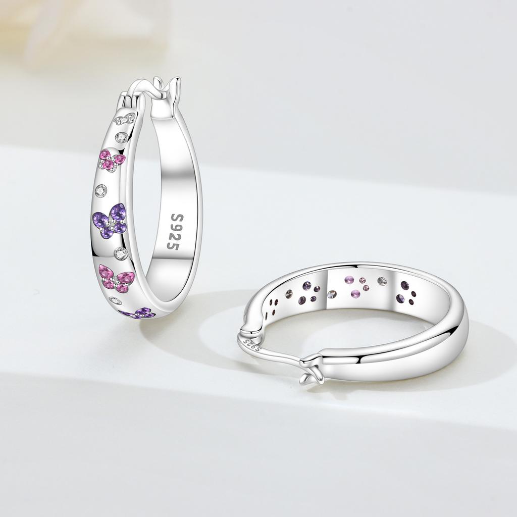 S925 Silver Pink Purple Butterfly Insect Earrings Hoop Earrings Women Jewelry Trendy Anniversary Gifts