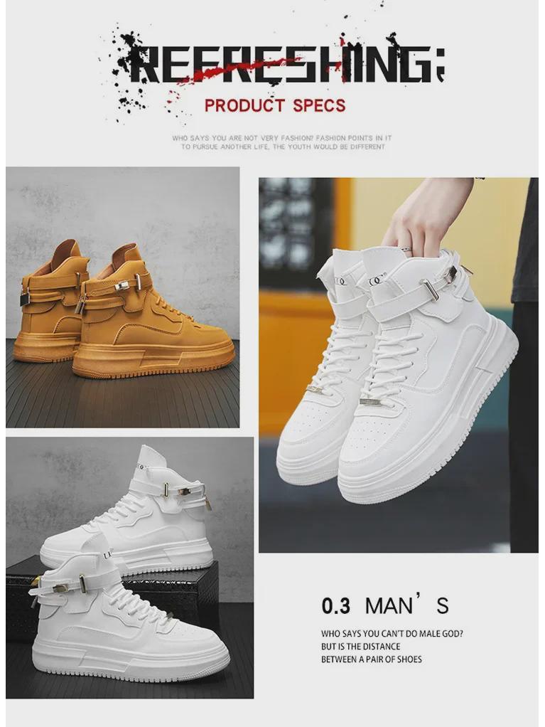 Men's 2024 Autumn/Winter High-Top Casual White Sneakers - Retro Korean Style, All-Match, Thick Sole