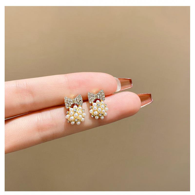 S925 Silver Bow Pearl Stud Earrings for Women - Luxury Socialite Design