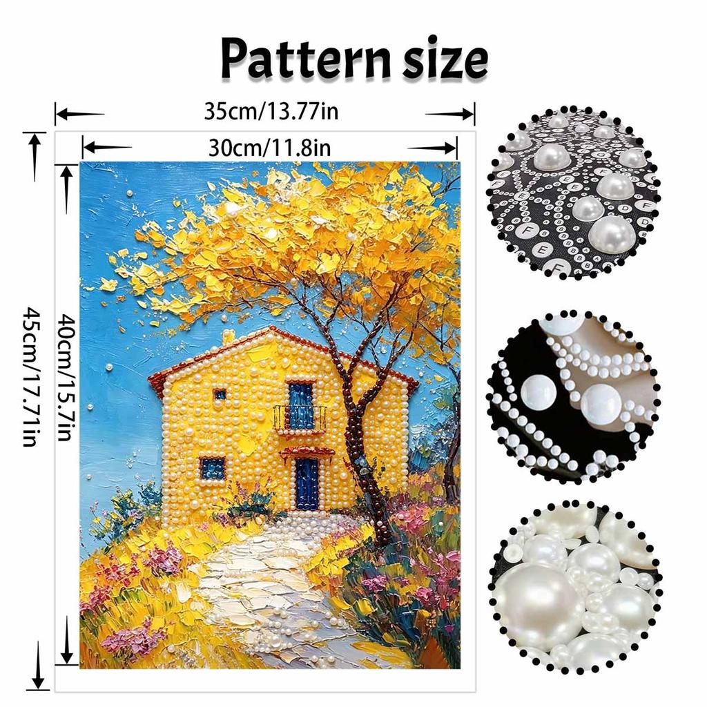 DIY Frameless Pearl Painting Kit Yellow House Scenery 3D Shiny Bead Art Canvas Relaxing Craft for Home Wall Decor Gift Handmade Artwork
