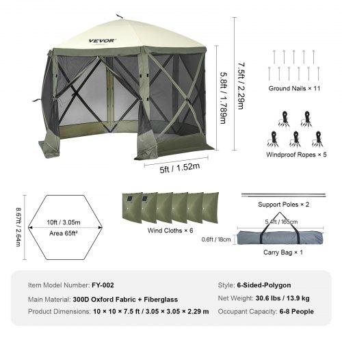 VEVOR Pop Up Gazebo Tent, Pop-Up Screen Tent 6 Sided Canopy Sun Shelter with 6 Removable Privacy Wind Cloths & Mesh Windows