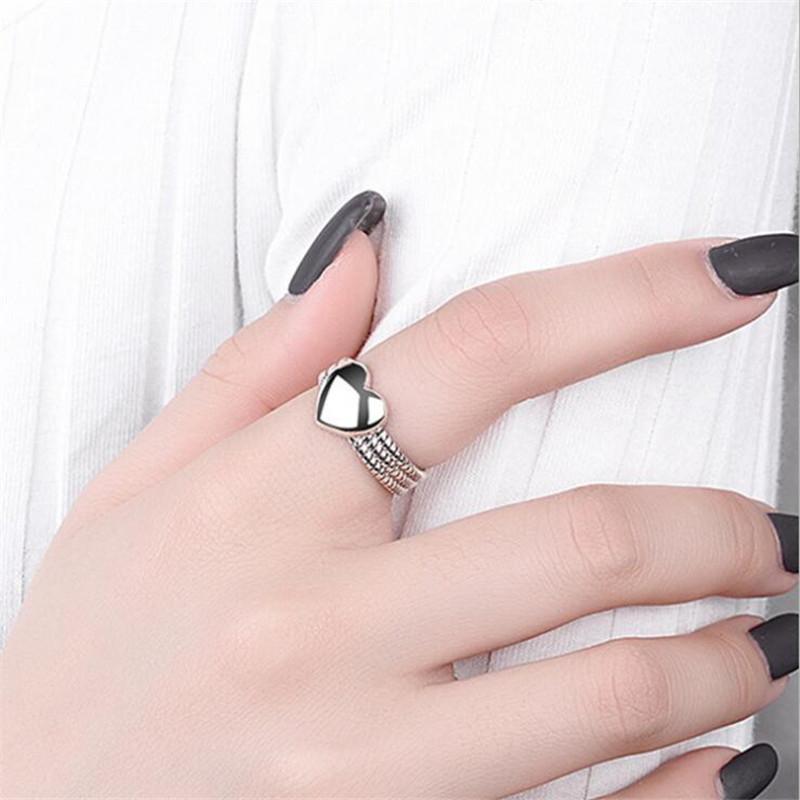New Retro Distressed Glossy Heart -Shaped 925 Sterling Silver Jewelry Personality Heart Twist Chain Opening Rings R660