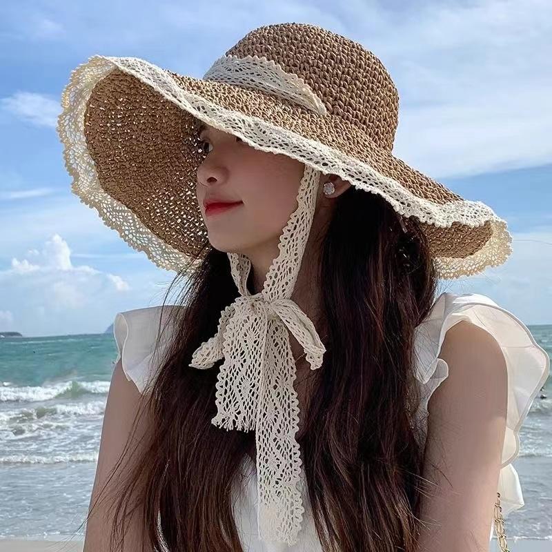 Hyunya Wind Colored Wood Beads Straw Hat Women's Summer Big Brim Straw Bucket Hat Foldable Seaside Sunshade Sunscreen Hat