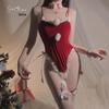 Gorgeous Velvet Plush Patchwork Bunny Bodysuit with Open Crotch - Sexy Christmas Lingerie Set 1405