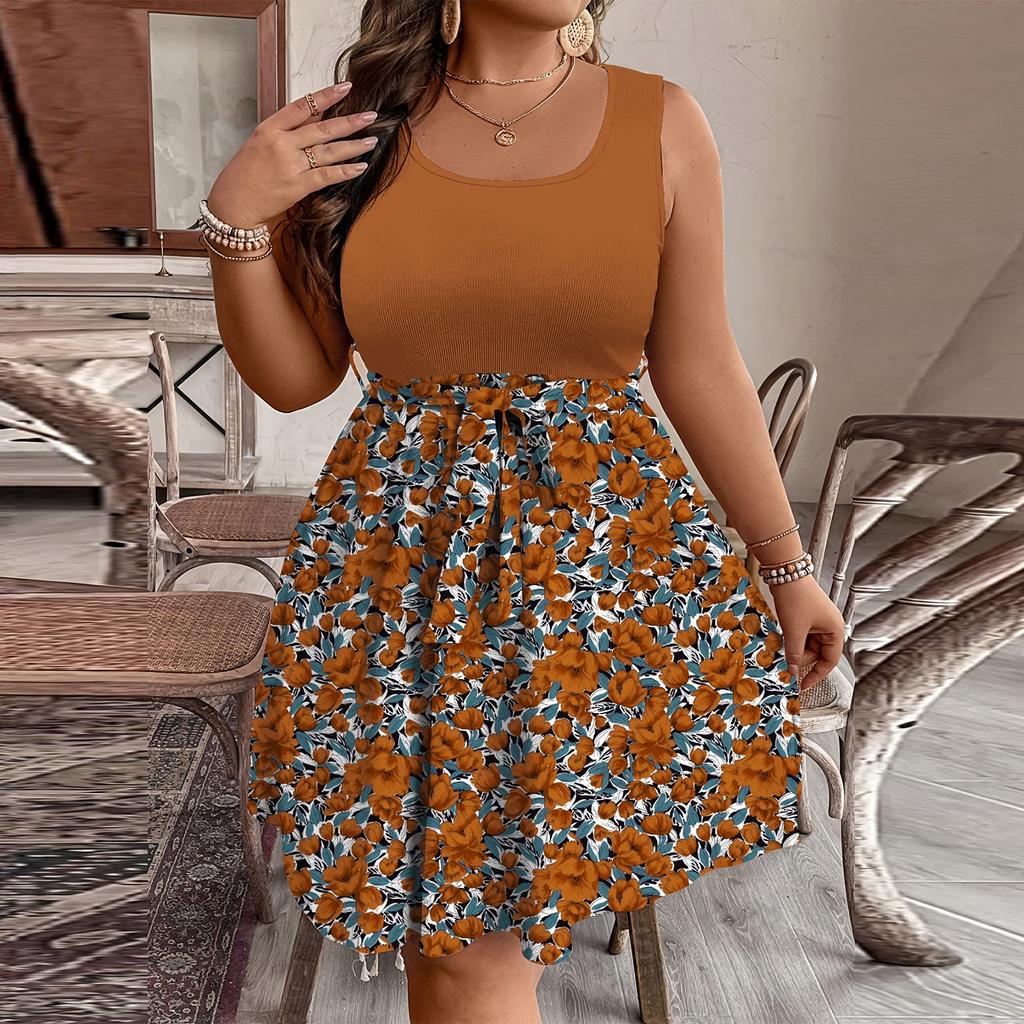 Women's Fashionable Casual Color Blocked Printed Sleeveless Waist Dress In Large Size