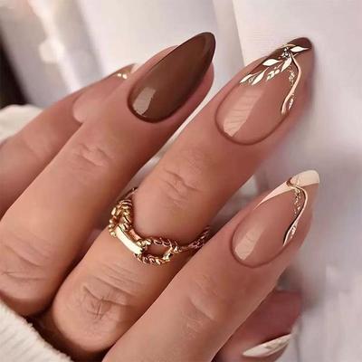 Medium-Length Brown Leaf Wearable Nail Art Pieces