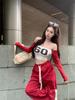 American Style Off-Shoulder Long-Sleeve Red Crop Top for Women - Autumn/Winter Fashionable Inner Wear
