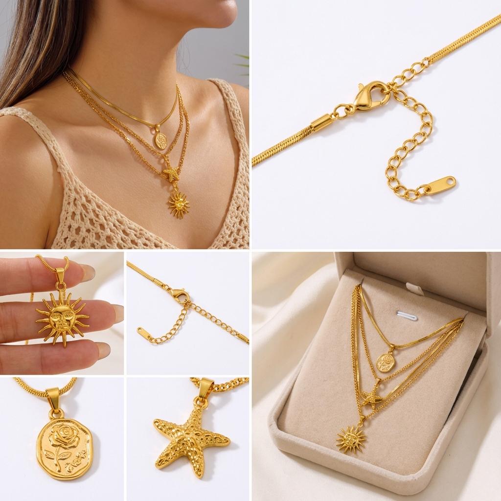 Stainless Steel Sun Starfish Pendant Necklaces Set for Women 3pcs Bohemia Multi-layers Rose Necklaces Waterproof Jewelry Gifts