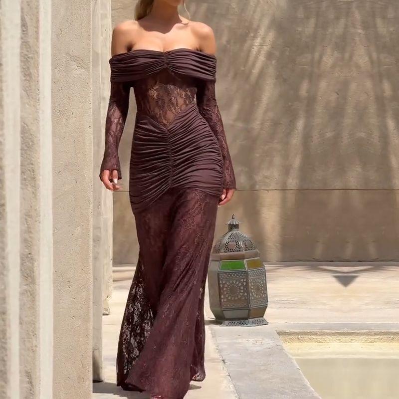 

Western Style Sexy Hollow Lace off-Shoulder Long sleeve dress Women Miumiu Bag Hip Slim fit Fishtail Formal Dress Long dress Brown S