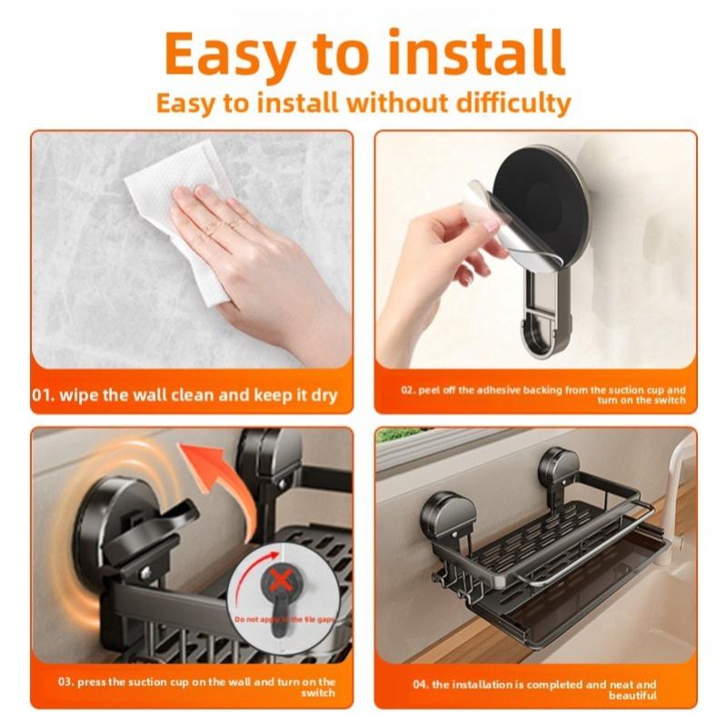 1pcs No-Drill Sink Storage Kitchen Rack Suction Cup Cloth Draining Rack Multifunctional Wall-Mounted Sink Shelf Utensils Dishes
