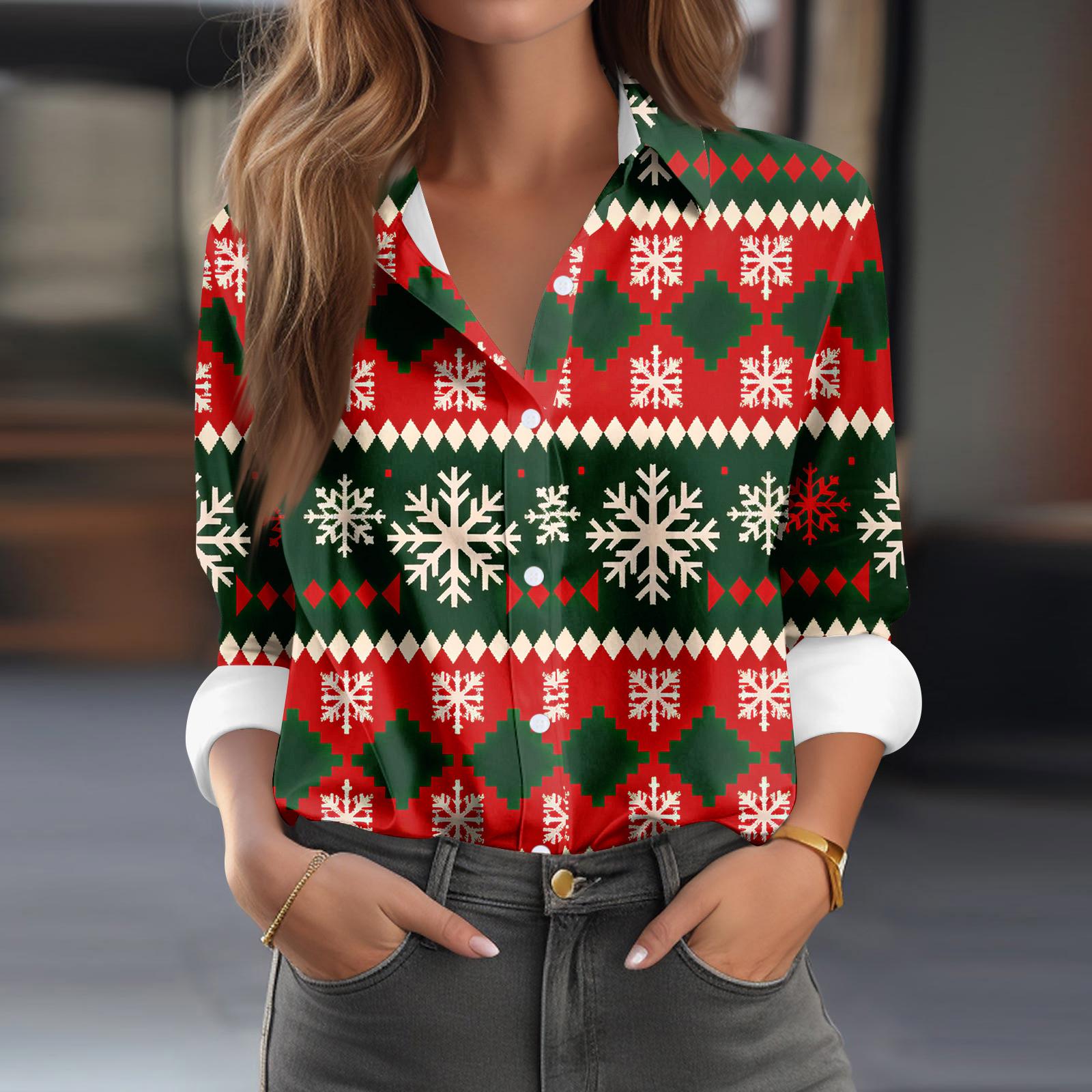 

Женская рубашка-блузка с рождественским принтом и пуговицами, длинный рукав, повседневный базовый рубашечный воротник, обычный топ XXXL киноварь