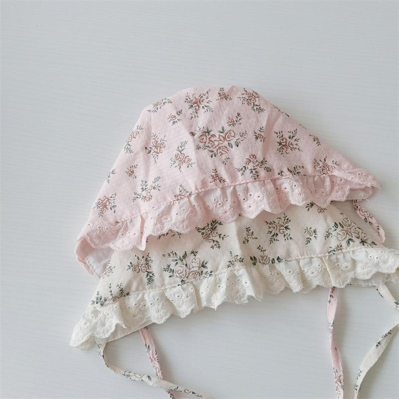 Princess Baby Ruffle Court Hat Lace-up Beanie Flower Print Infant Headgear Bonnet Kids Photo Props 0-12M Toddler Sunscreen Visors