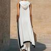 Women Color Block Cotton Linen Two-Piece Outfit Asymmetrical Hem Mock Neck Sleeveless Top Wide-Leg Pants Vacation Lounge Sets