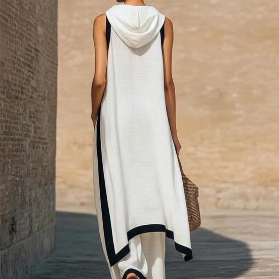 Women Color Block Cotton Linen Two-Piece Outfit Asymmetrical Hem Mock Neck Sleeveless Top Wide-Leg Pants Vacation Lounge Sets