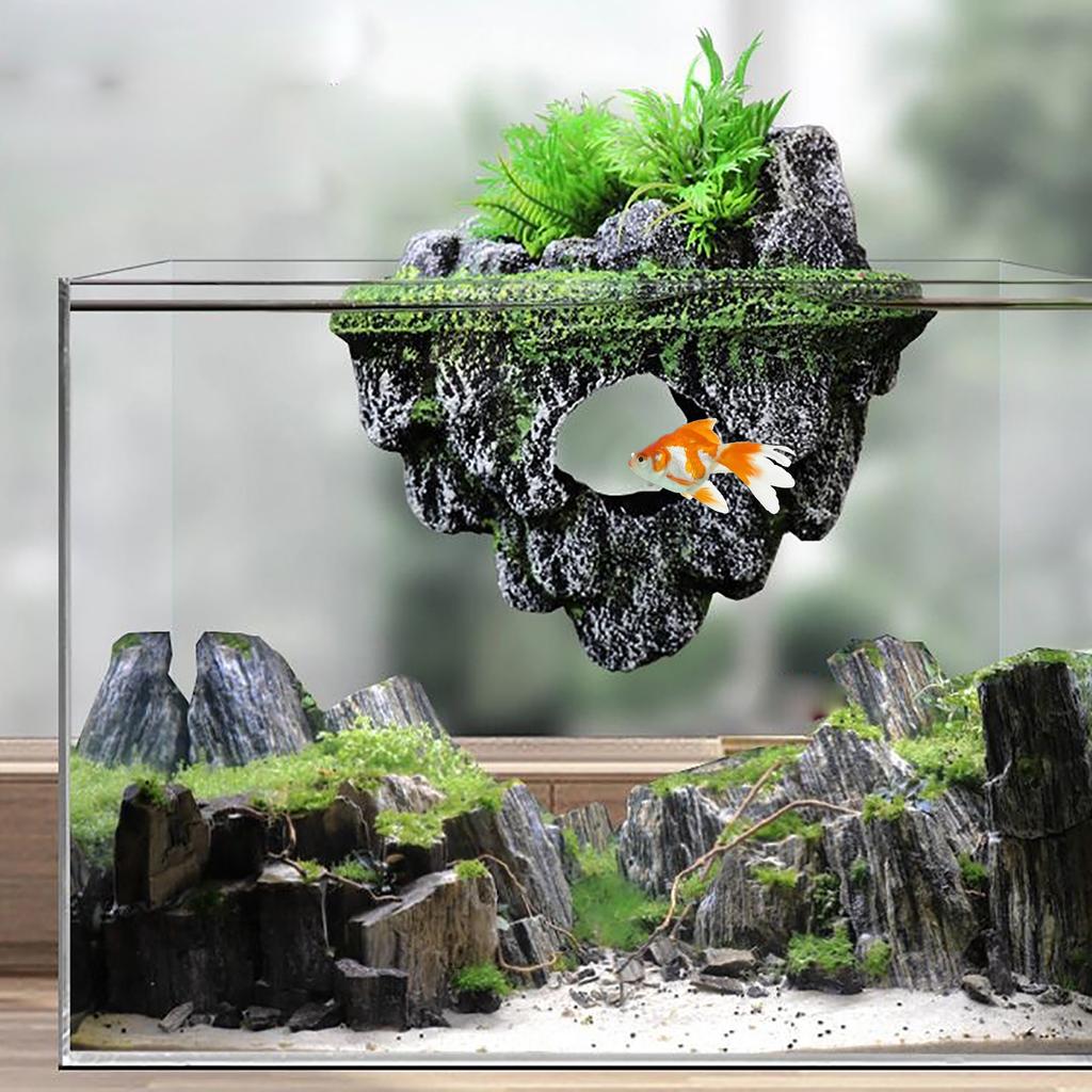 Aquarium Floating Rockery Simulation Realistic Stone Fish Tank Ornament Moss Rock Landscaping Decor Betta Cave Hideout Shelter