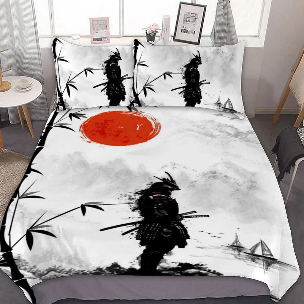Japanese Samurai Bedding Set, Japan Sunset Landscape Building Silhouette Duvet Cover For Men Teens, Black Red