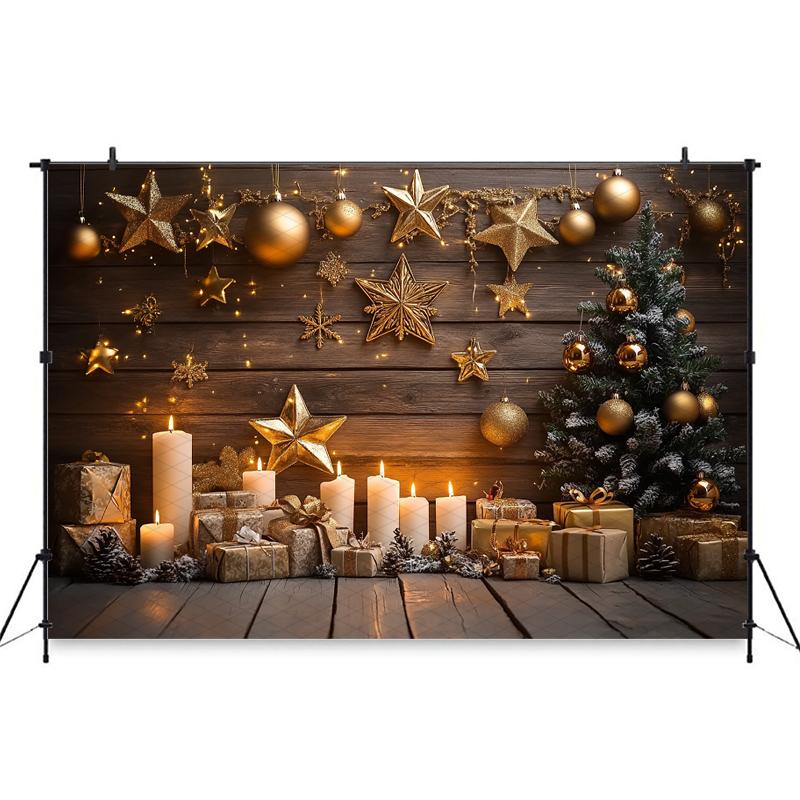 Christmas Tree Backdrop Photography Baby Shooting Props Golden Ball Star Gifts Candle Wood Wall Background Decorations Photozone
