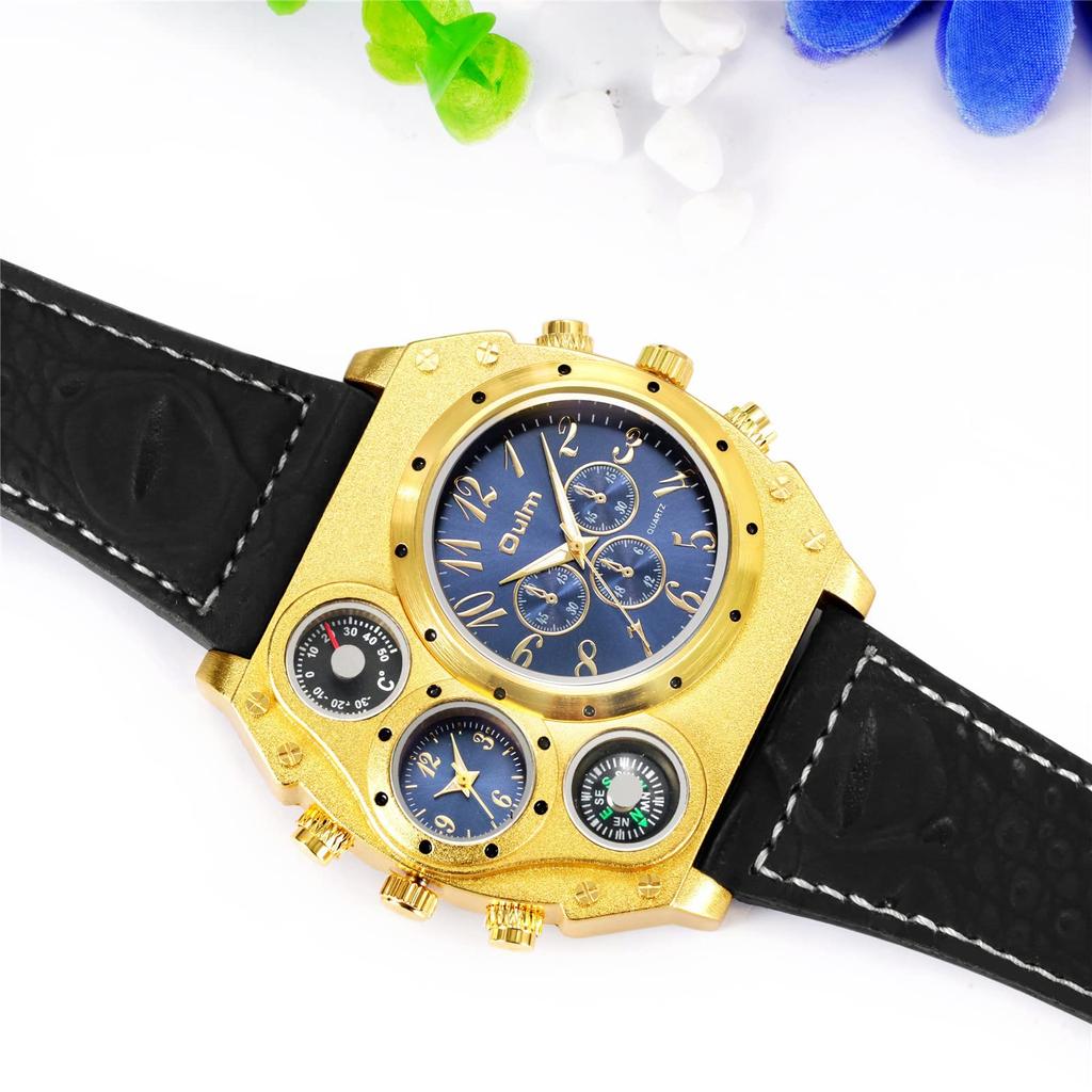 Dual Time Leather Band Sports Business Gift for Fashion Accessory Men's Watch, Waterproof, Simple, Casual, Style, Gold, Black, Blue, Boyfriend,