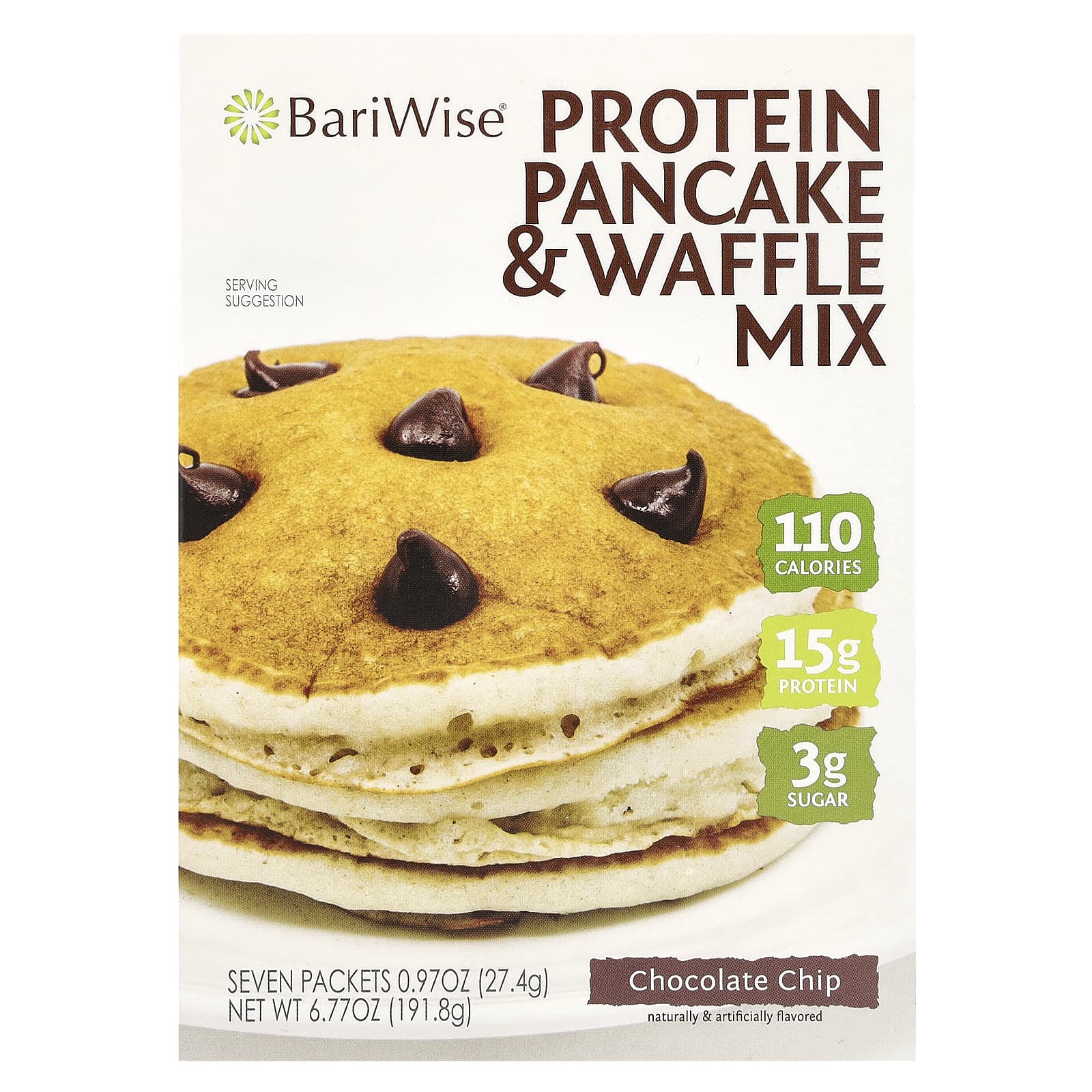 

BariWise, Protein Pancake & Waffle Mix, Chocolate Chip, 7 packs, 23 g each