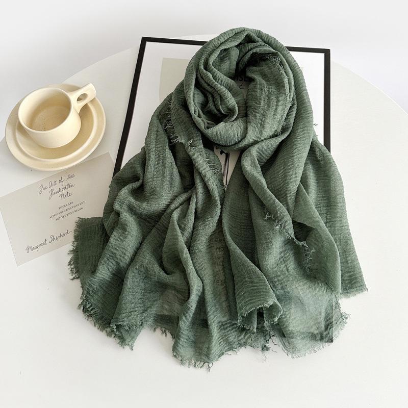 Women's Cotton Linen Gauze Scarf - Solid Color, Summer Sun Protection, Breathable, Retro Fringed Shawl
