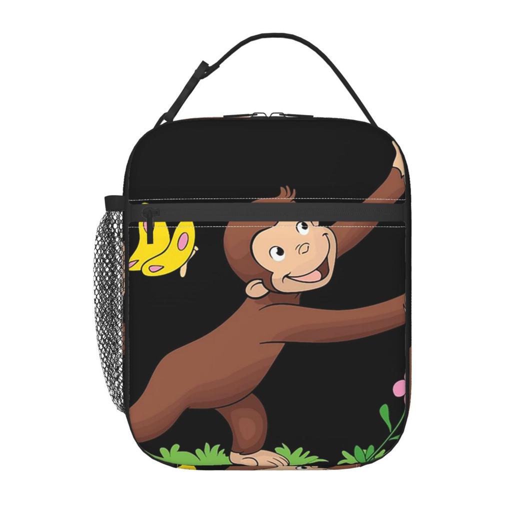 Isolierte Lunchtasche mit Curious George und Blumenmuster für Damen Kinder Tragbare Lebensmittelboxen Thermische Lunchbox Tragetasche