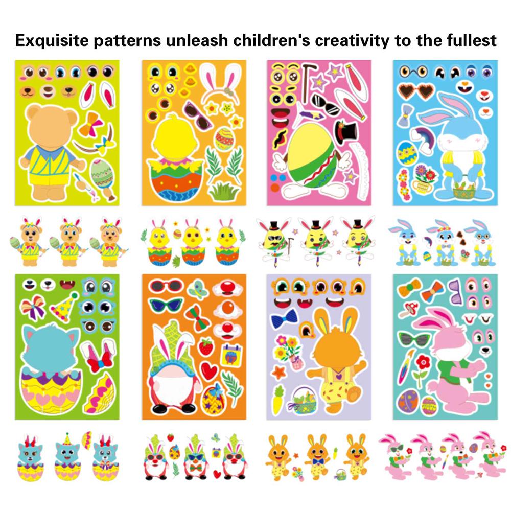 8/16sheets Easter Rabbit Egg Puzzle Stickers Cute Make a Face Animals Cartoon Decals Jigsaw Toys Educational Toys Gifts