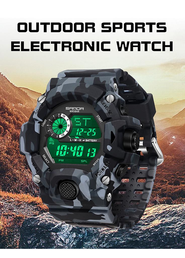 SANDA 2183 Camouflage Series Fashion Style Multi-functional Student Watch Waterproof Electronic Watch Sport Silicone Wristwatch