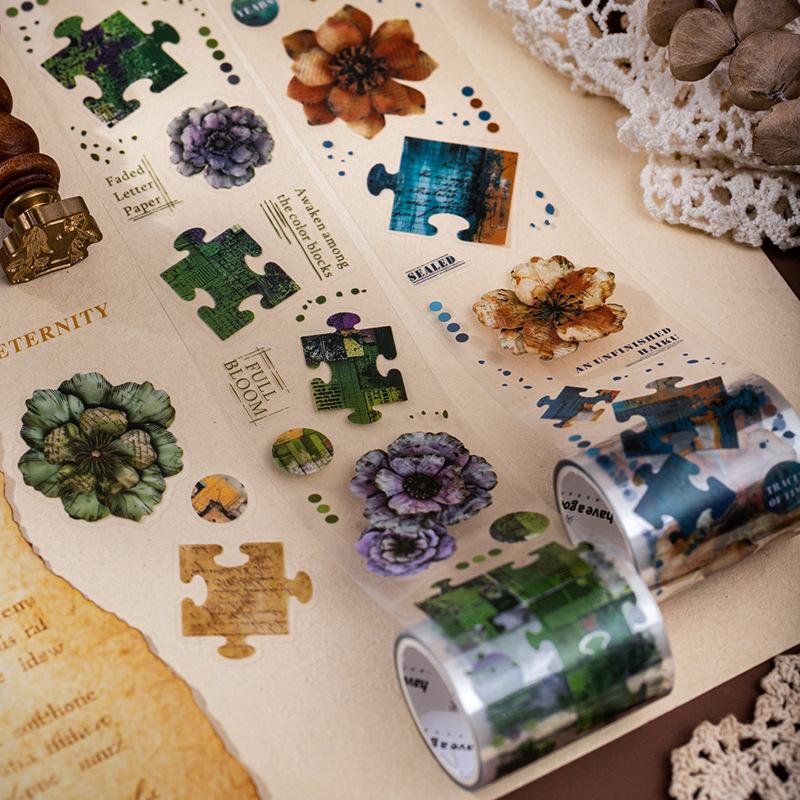 1 Rollo de Cinta Adhesiva Estilo Rompecabezas de Bloques Florales, Patrón de Flor de Bloque 3D, para Decoración de Diario y Scrapbooking DIY