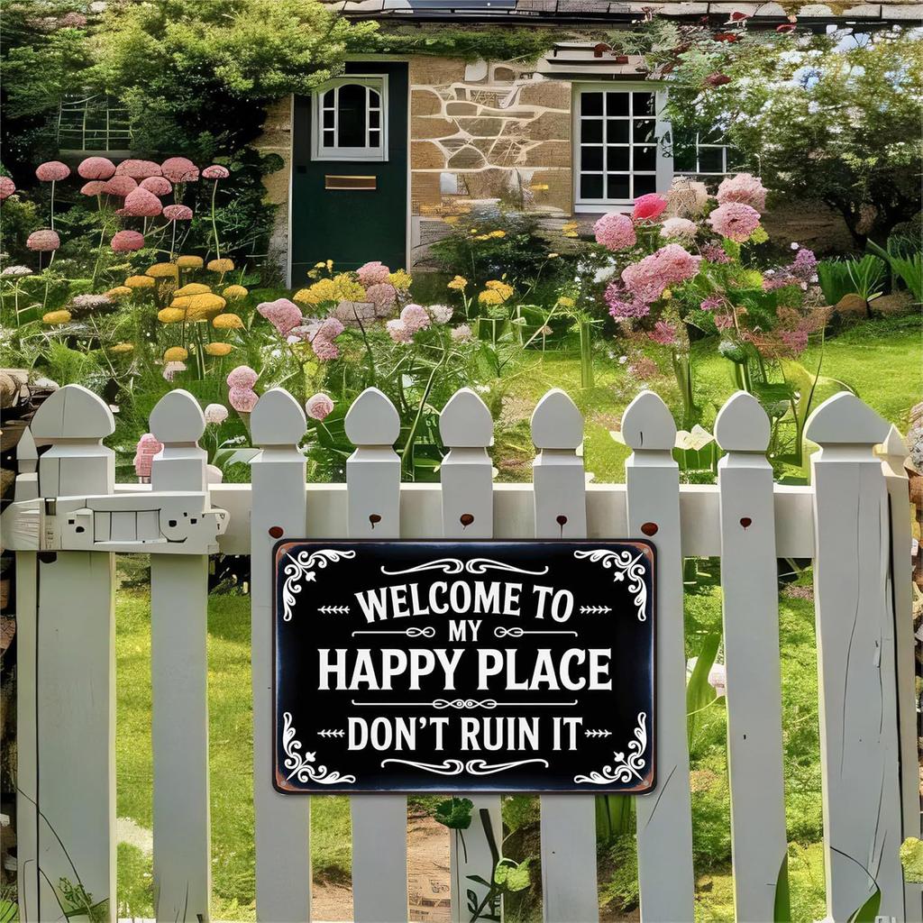 Happy Place Vintage Statement Tin Metal Sign Funny Rustic Style Garden Metal Sign for Home Patio Farm Coffee Bar Wall Decor