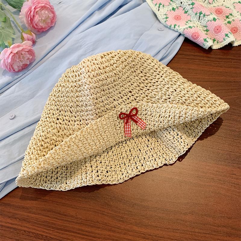 French Hollow Bow Woven Straw Hat Women's Seaside Vacation Fisherman Sun Shading Protection Trendy