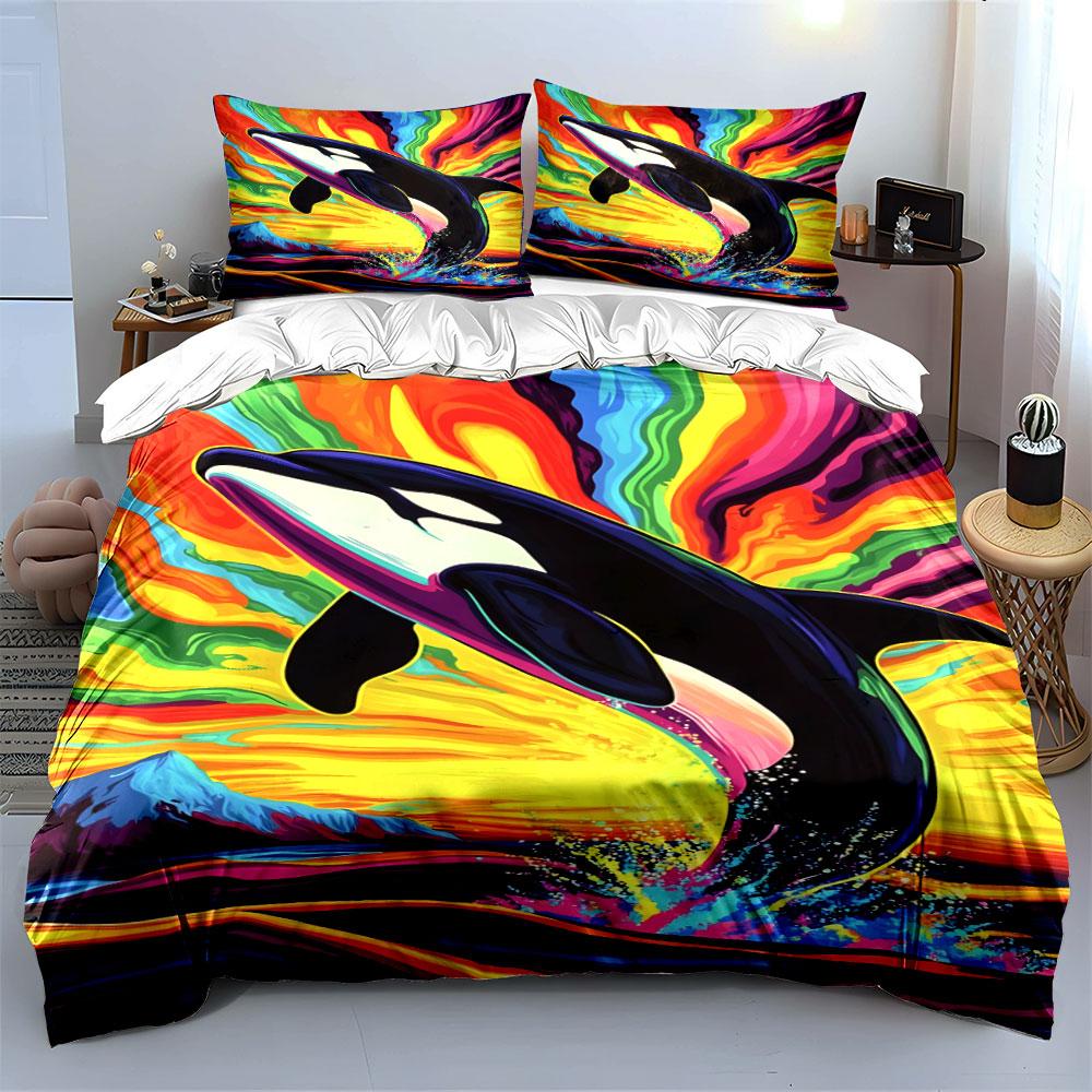 Orca with rainbow background. Bedding sets Duvet cover sets Duvet covers Pillowcases(1*Duvet Cover 2*Pillowcases without duvet insert)
