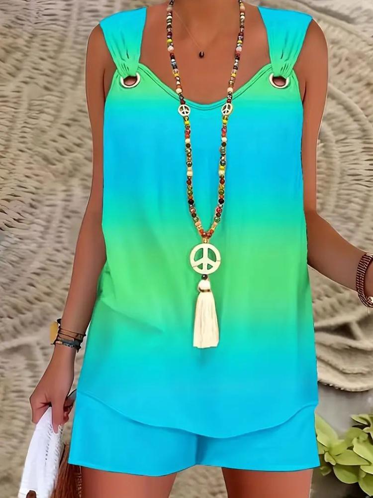 

Женский комплект без рукавов с градиентным цветом, повседневный летний наряд, эластичная удобная посадка 3XL морская волна